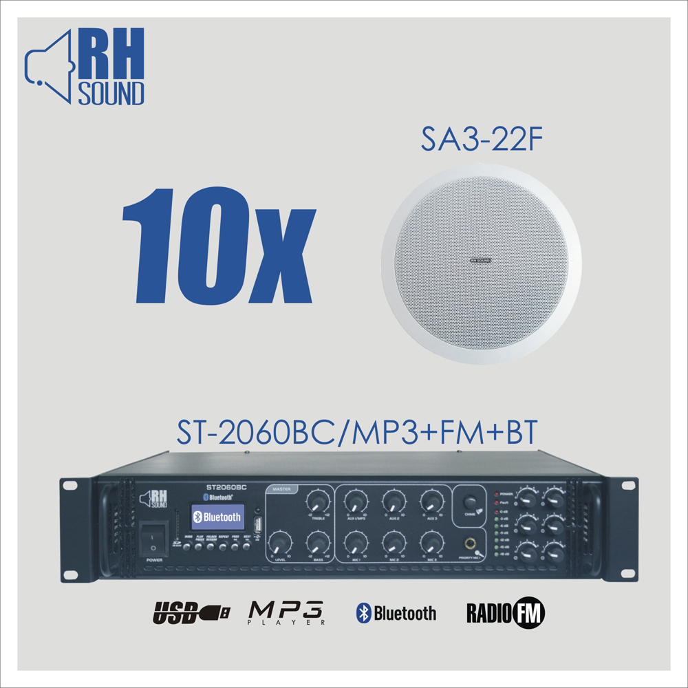 Nagłośnienie sufitowe RH SOUND ST-2060BC/MP3+FM+BT + 10x SA3-22F 