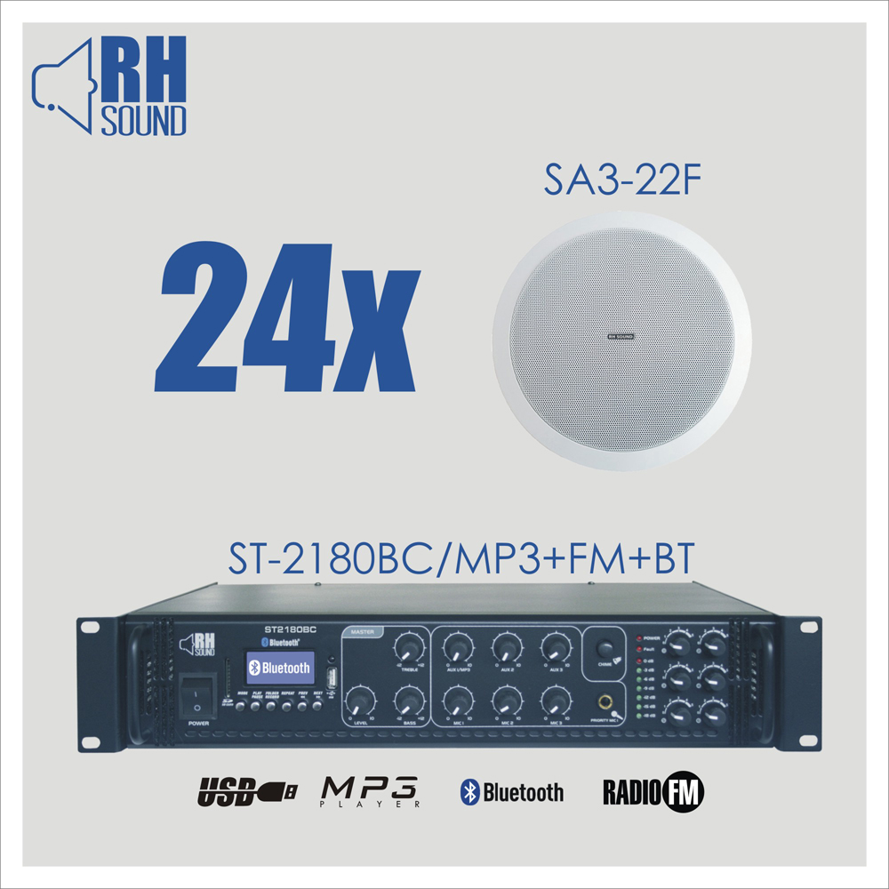 Nagłośnienie sufitowe RH SOUND ST-2180BC/MP3+FM+BT + 24x SA3-22F 