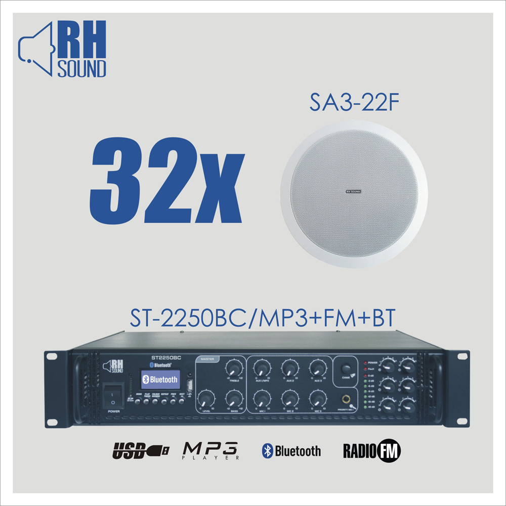 Nagłośnienie sufitowe RH SOUND ST-2250BC/MP3+FM+BT + 32x SA3-22F 