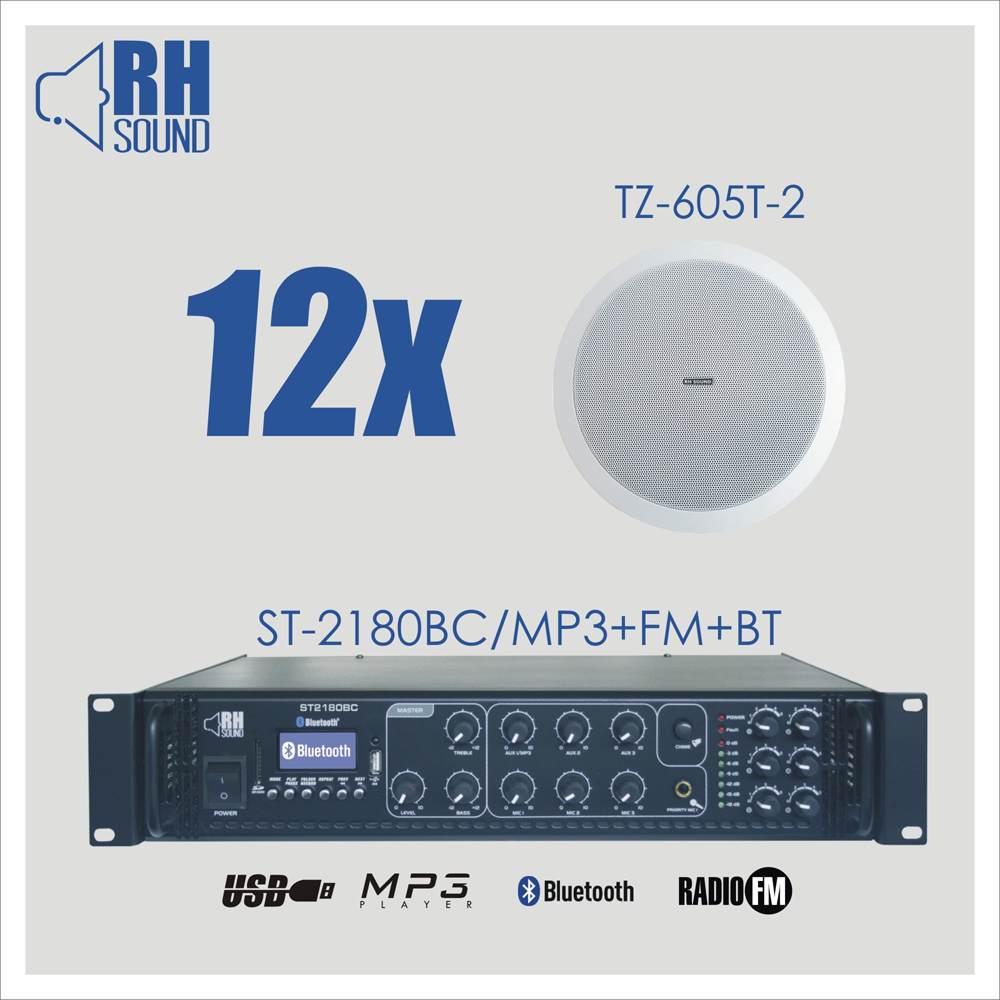 Nagłośnienie sufitowe RH SOUND ST-2180BC/MP3+FM+BT + 12x TZ-605T-2