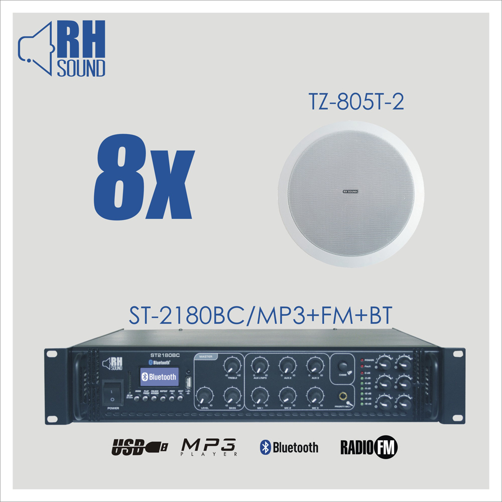 Nagłośnienie sufitowe RH SOUND ST-2180BC/MP3+FM+BT + 8x TZ-805T-2
