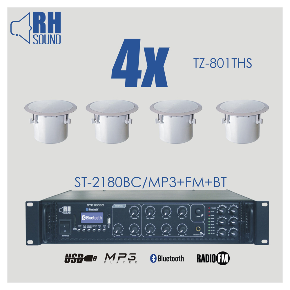 Nagłośnienie sufitowe RH SOUND ST-2180BC/MP3+FM+BT + 4x TZ-801THS
