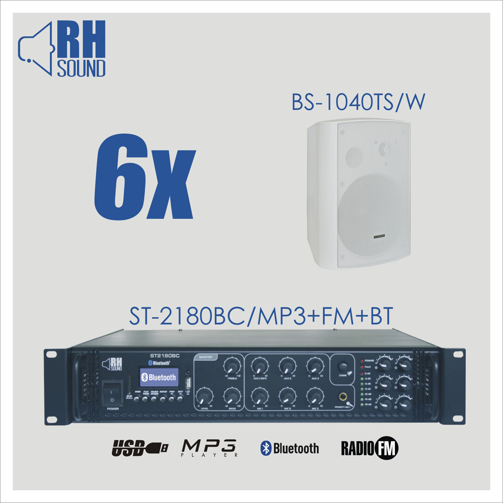 Nagłośnienie naścienne RH SOUND ST-2180BC/MP3+FM+BT +  6x BS-1040TS/W
