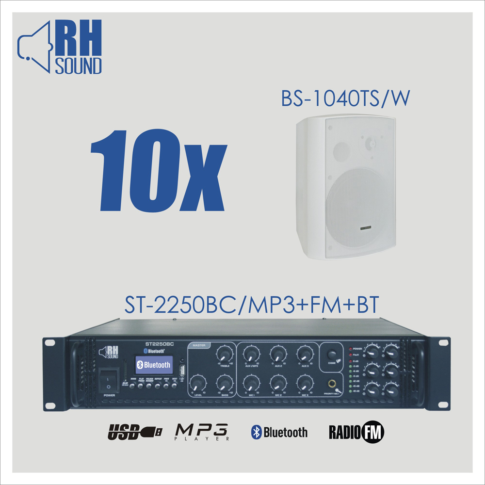Nagłośnienie naścienne RH SOUND ST-2250BC/MP3+FM+BT + 10x BS-1040TS/W