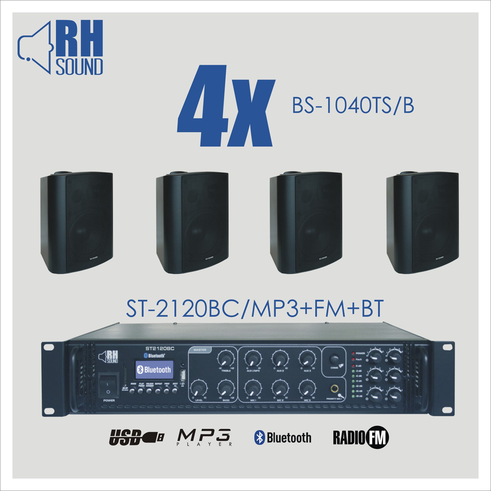 Nagłośnienie naścienne RH SOUND ST-2120BC/MP3+FM+BT +  4x BS-1040TS/B