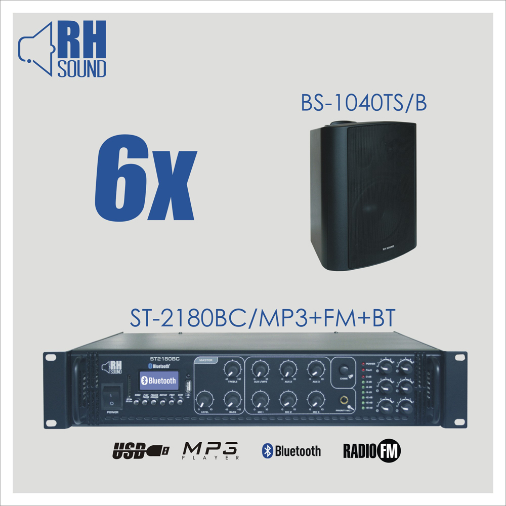 Nagłośnienie naścienne RH SOUND ST-2180BC/MP3+FM+BT + 6x BS-1040TS/B