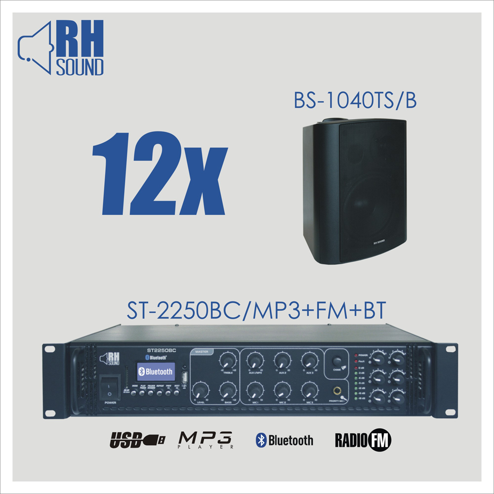 Nagłośnienie naścienne RH SOUND ST-2250BC/MP3+FM+BT + 12x BS-1040TS/B