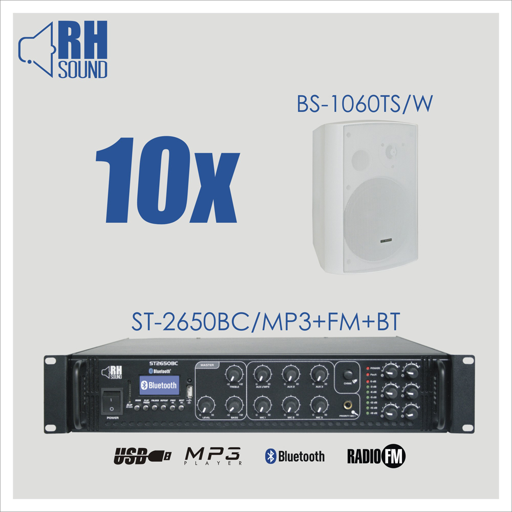 Nagłośnienie naścienne RH SOUND ST-2650BC/MP3+FM+BT + 10x BS-1060TS/W