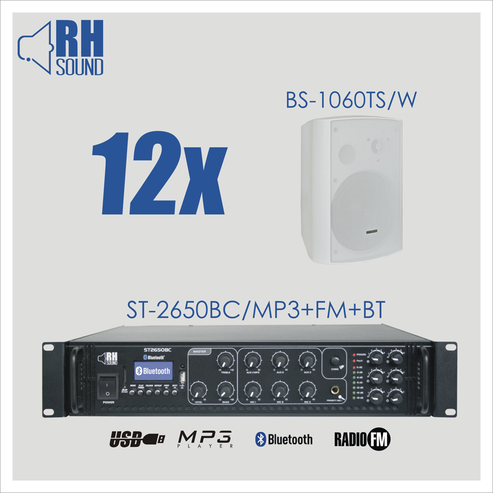 Nagłośnienie naścienne RH SOUND ST-2650BC/MP3+FM+BT + 12x BS-1060TS/W