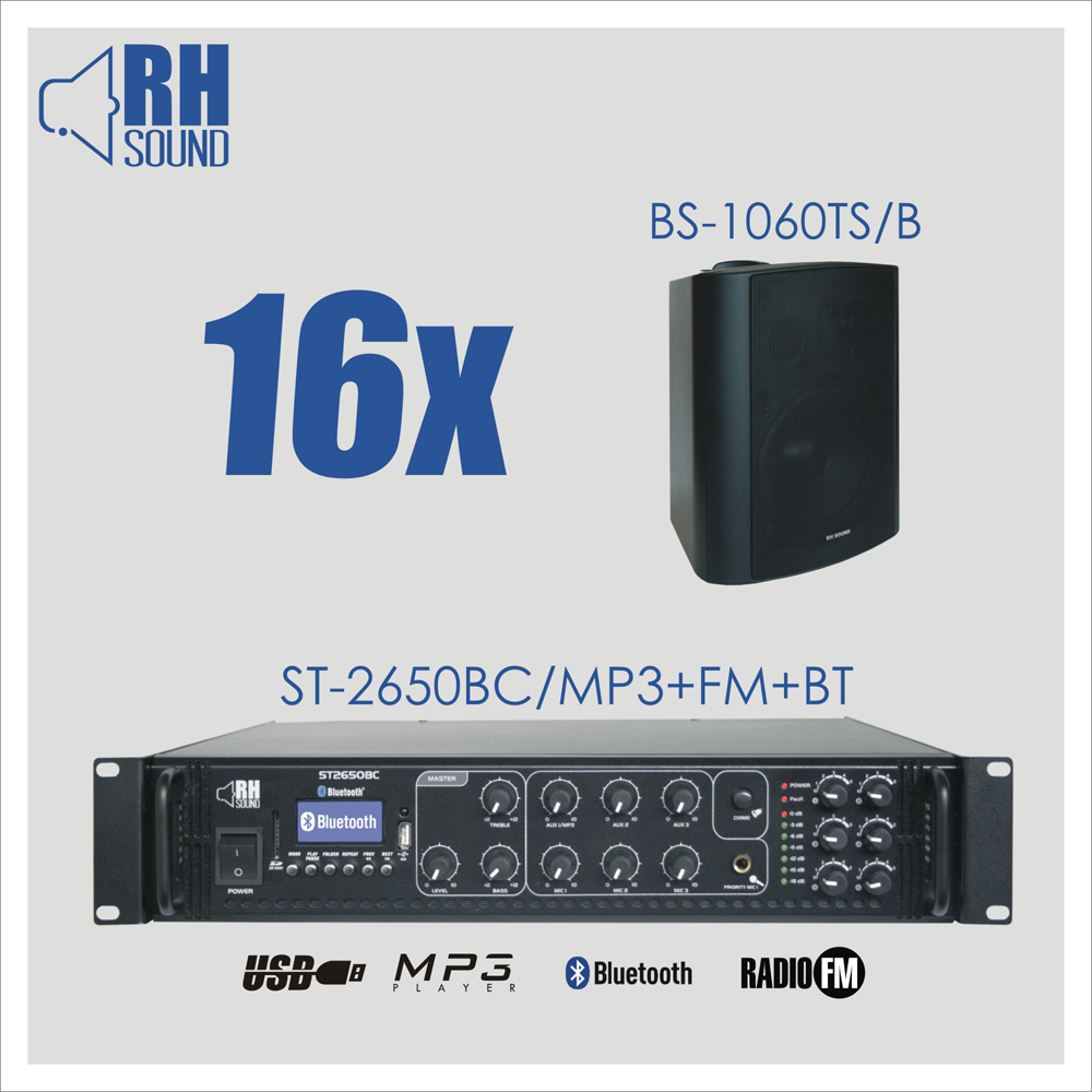 Nagłośnienie naścienne RH SOUND ST-2650BC/MP3+FM+BT + 16x BS-1060TS/B