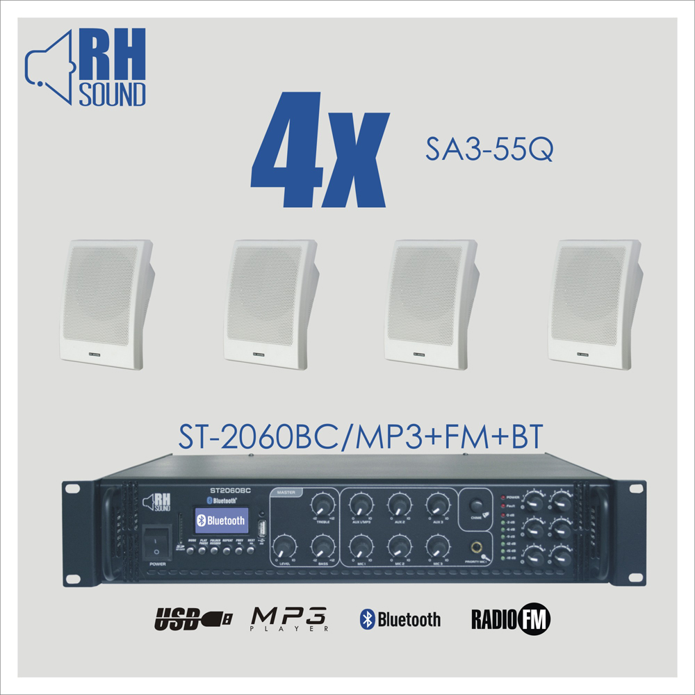 Nagłośnienie naścienne RH SOUND ST-2060BC/MP3+FM+BT + 4x SA3-55Q